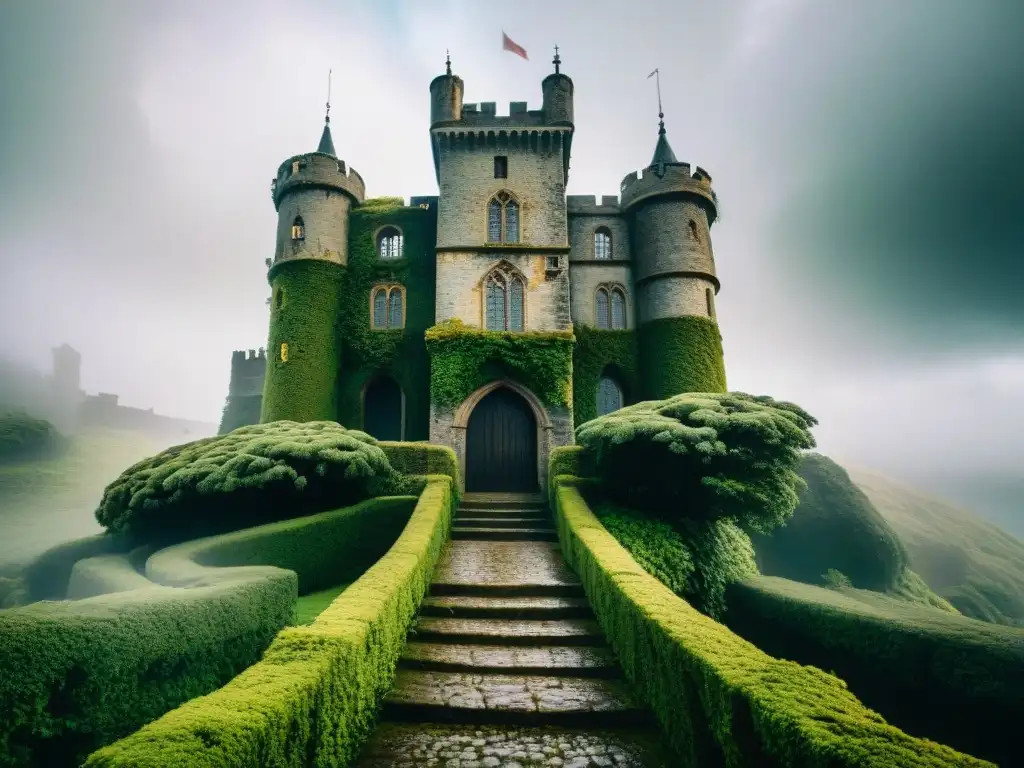 Castillo encantado entre la niebla: misterio y magia Castillo encantado en la niebla con piedras cubiertas de hiedra y misteriosos secretos