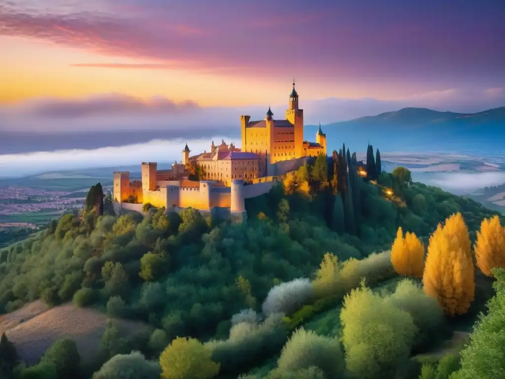 El Alcázar de Segovia al atardecer: majestuosidad dorada Castillo energético en Segovia, bañado por el sol al atardecer, con sus detalles y paisaje circundante