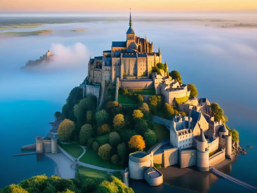 Majestuoso Mont Saint-Michel al amanecer: historia y serenidad Castillo energético en Mont Saint-Michel al amanecer, envuelto en luz dorada y serenidad