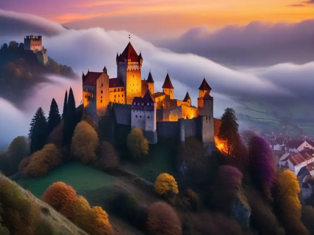 Castillo de Bran: Crepúsculo místico en Drácula's Castle Un castillo energético para retiro energético: el místico Castillo de Bran al atardecer, bajo un cielo ardiente