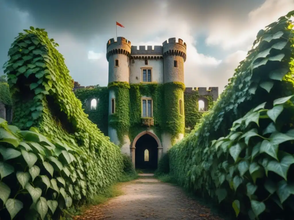 Castillo abandonado: belleza decadente bajo el sol Fotografía de un castillo enigmático abandonado cubierto de hiedra, con rayos de sol entre las ventanas rotas, evocando historia y misterio