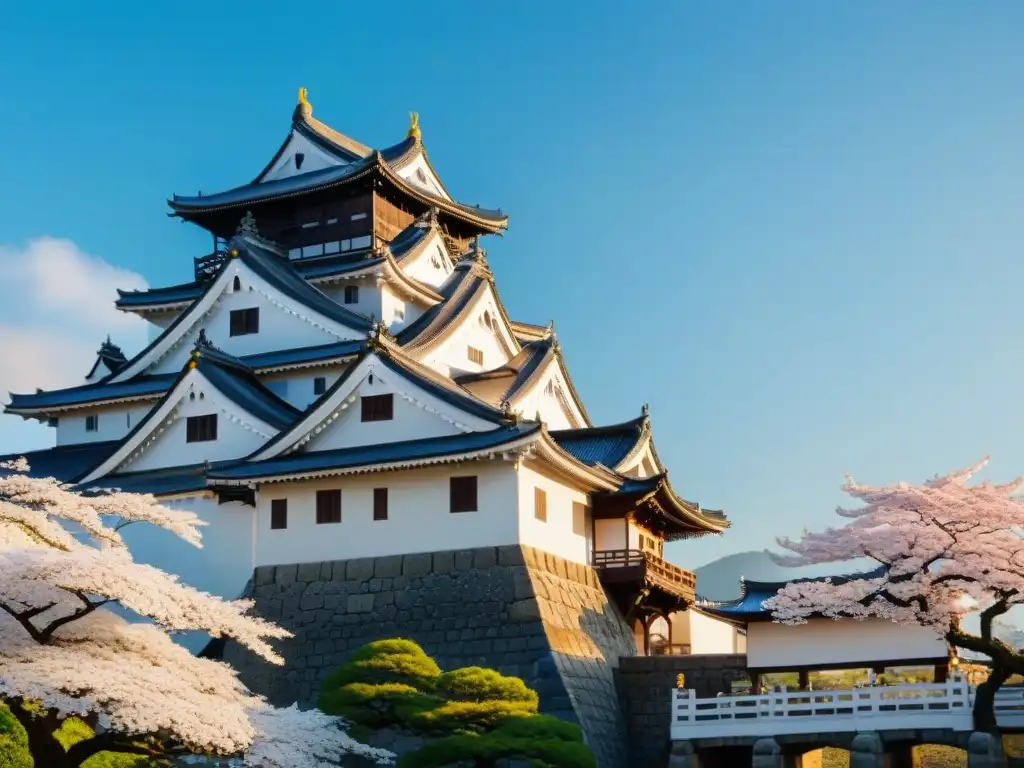 Castillo enigmático en Asia: Himeji Castle al atardecer, con sus torres y paredes blancas destacando entre los cerezos en flor