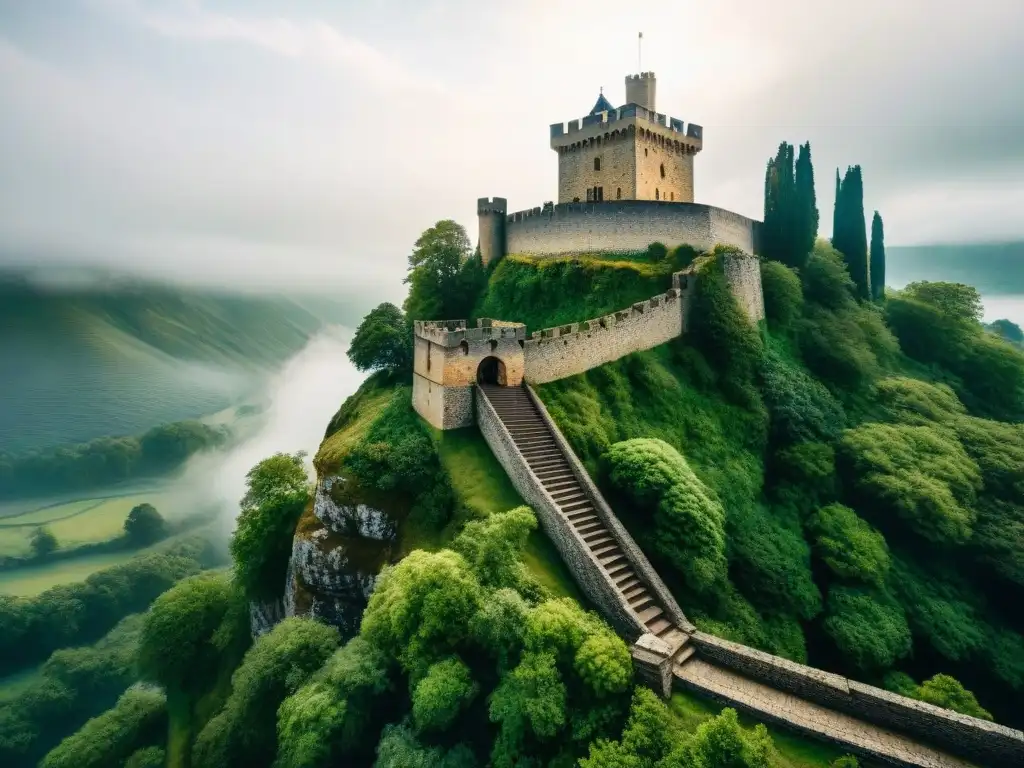 Castillo milenario en el acantilado: majestuosidad y misterio Fotografía de un castillo enigmático y centenario en un acantilado, rodeado de bosques verdes bajo un cielo nublado