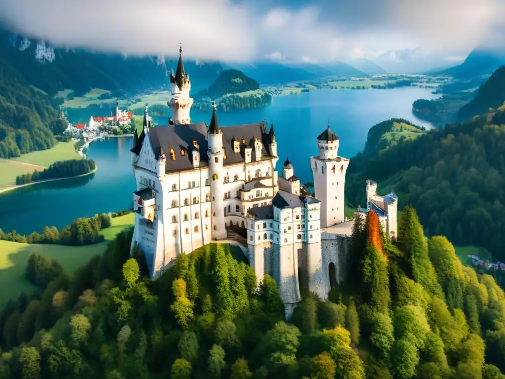Castillo de Neuschwanstein: vista aérea impresionante en Alemania Un castillo enigmático en Alemania rodeado de bosques verdes y montañas nevadas bajo la luz dorada del sol