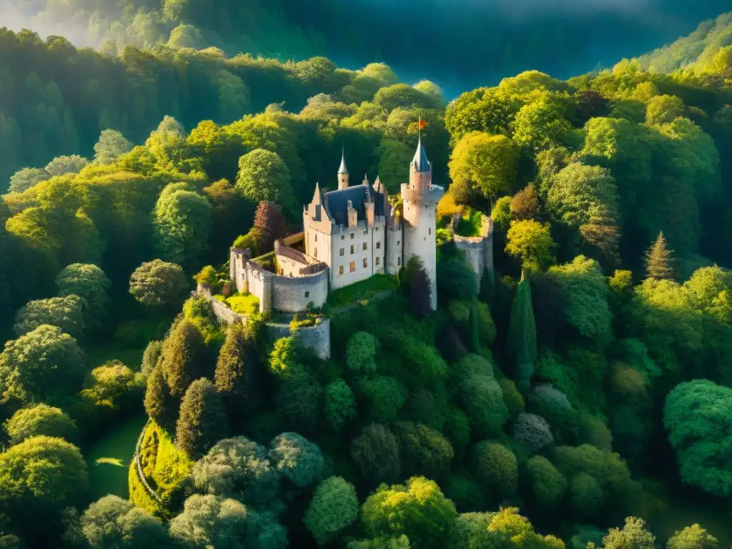 Castillo escondido en un bosque europeo, bañado por la luz del sol entre árboles altos y flores silvestres