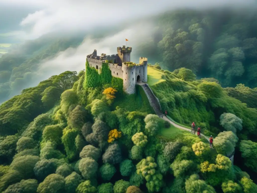 Un castillo escondido entre la espesura del bosque, bañado por la luz dorada del sol