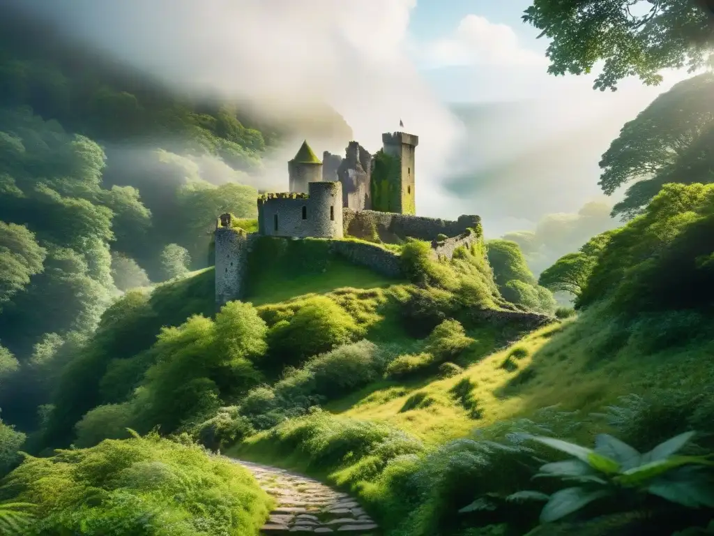 Un castillo escondido entre exuberantes bosques verdes, con un sendero que invita a explorar los secretos más antiguos