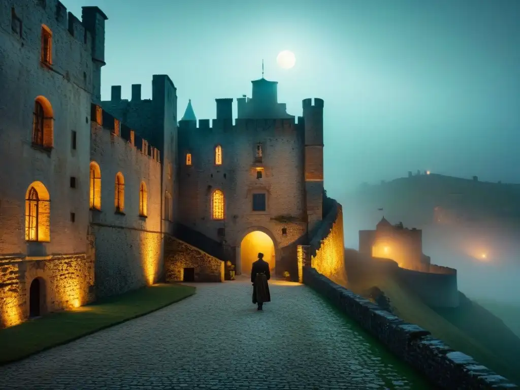 Castillo europeo centenario en la niebla con figuras fantasmales Castillo europeo antiguo en la niebla con figuras fantasmales, eventos paranormales castillos antiguos