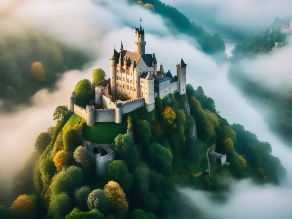 Castillo europeo misterioso entre brumas y naturaleza exuberante Un castillo europeo rodeado de bosques verdes, río serpenteante y niebla