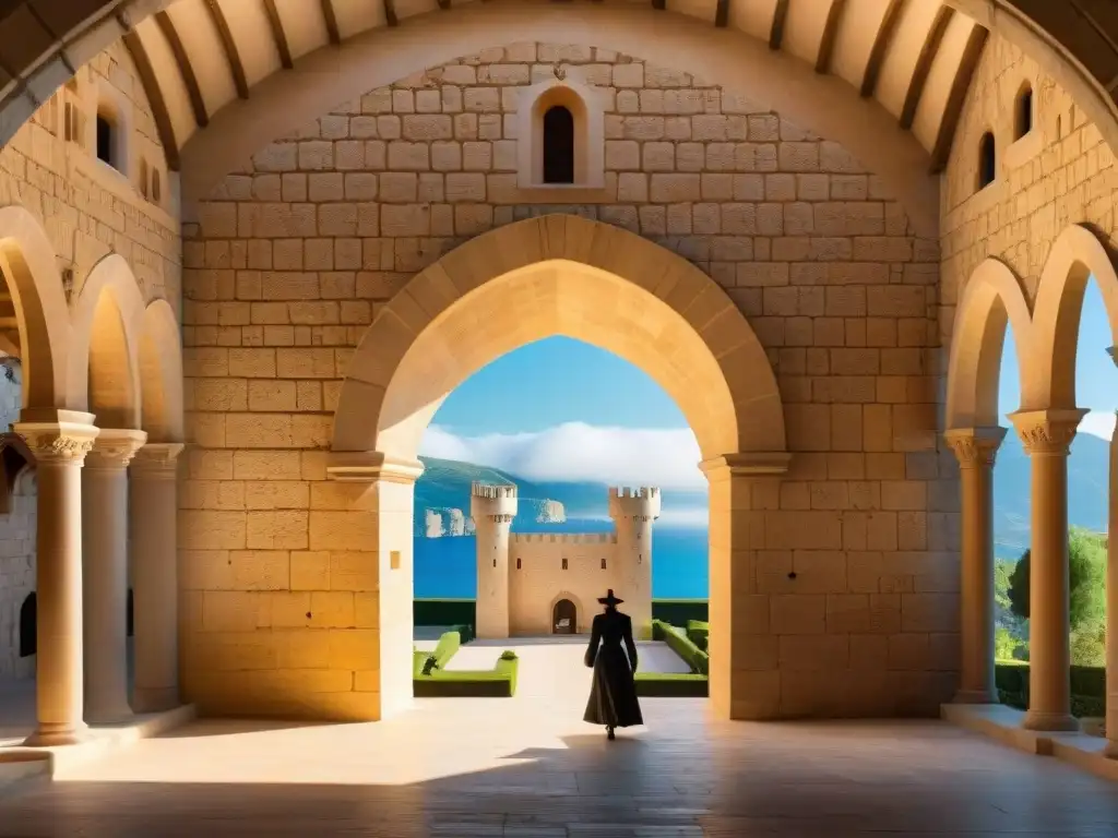 Arquitectura gótica detallada en Castillo de Bellver, Mallorca Castillo de Bellver en Mallorca: arquitectura gótica detallada con diseño circular, torres y patio central, iluminado por cálida luz solar