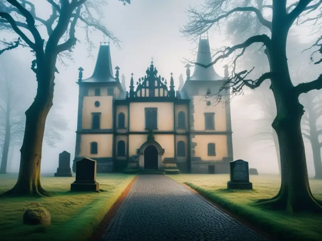 Un castillo gótico en la República Checa envuelto en niebla, con una atmósfera misteriosa y sobrenatural