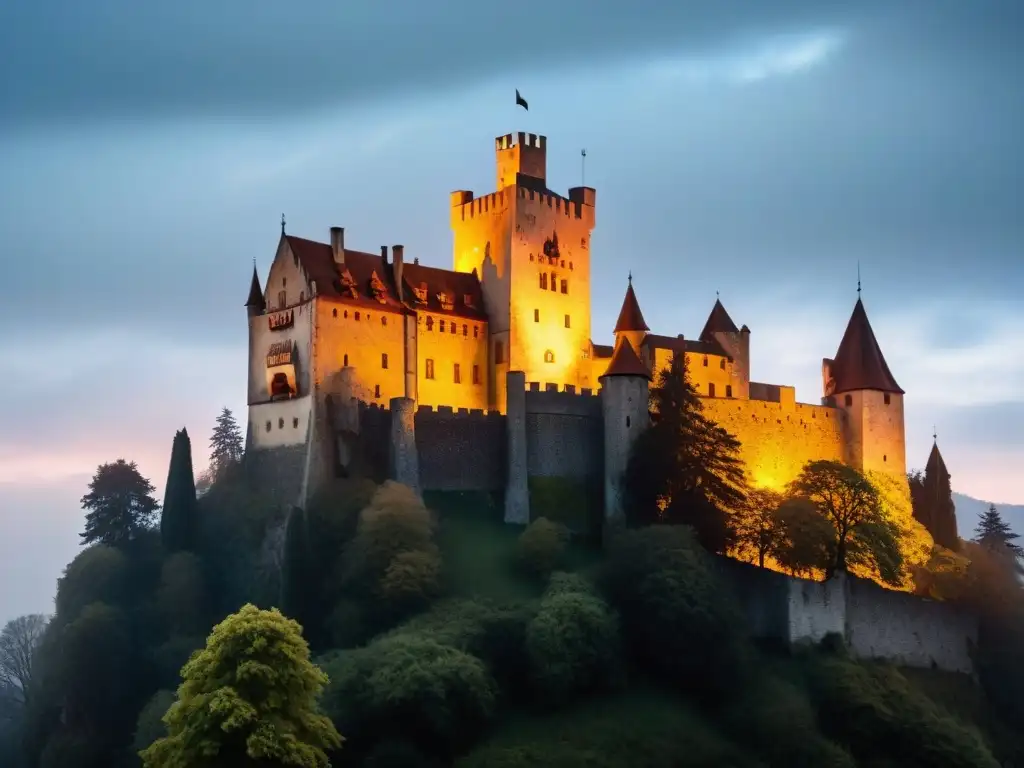 Castillo de Bran: misterio y belleza gótica al anochecer Un castillo gótico envuelto en niebla al anochecer, con murciélagos volando en el cielo