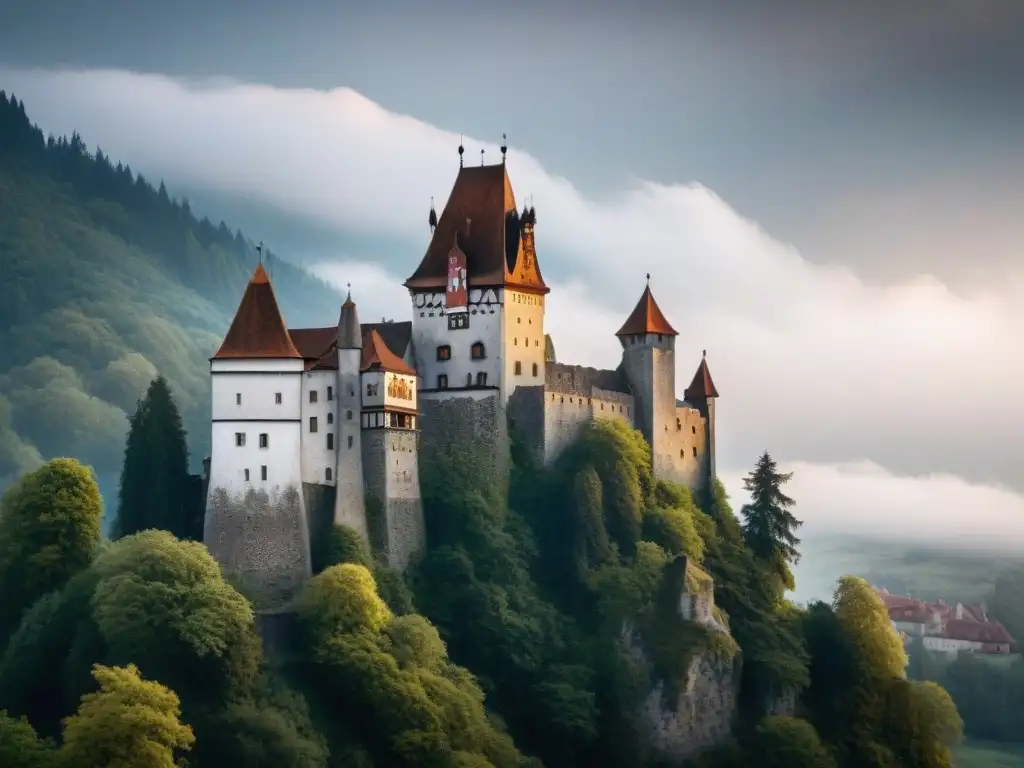 Un castillo gótico rodeado de niebla al anochecer, con una figura solitaria en la entrada