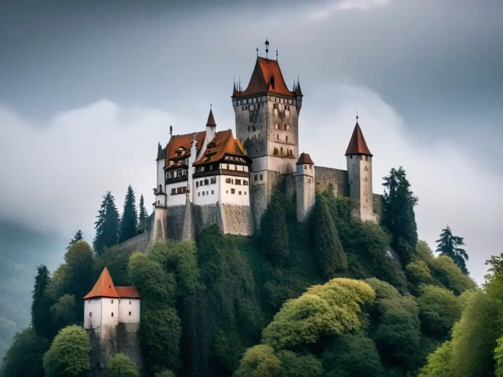 Castillo gótico de Transilvania envuelto en niebla, con nubes oscuras