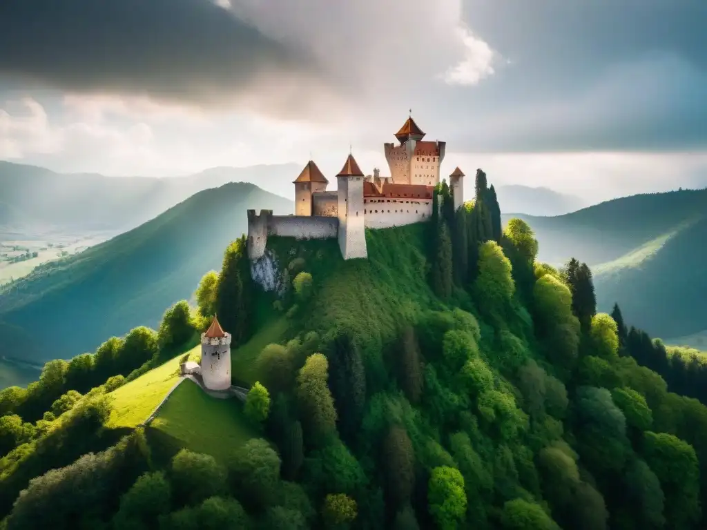 Castillo de Bran: majestuosa fortaleza gótica entre bosques y montañas Castillo gótico en Rumania con vistas panorámicas de montañas neblinosas y bosques verdes, bajo la luz del sol y aves volando