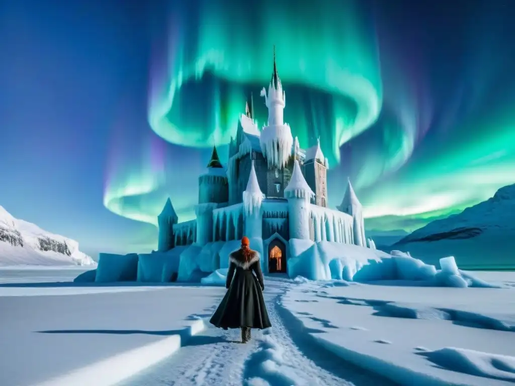 Castillo de hielo: majestuosidad ártica bajo auroras boreales Castillo de hielo en paisaje nórdico, bajo aurora boreal y luna llena