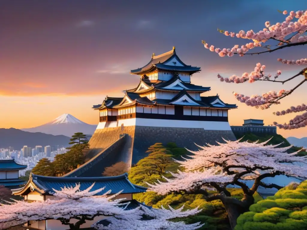 Himeji Castle al atardecer: historia y belleza japonesa Castillo Himeji al atardecer, rodeado de cerezos en flor