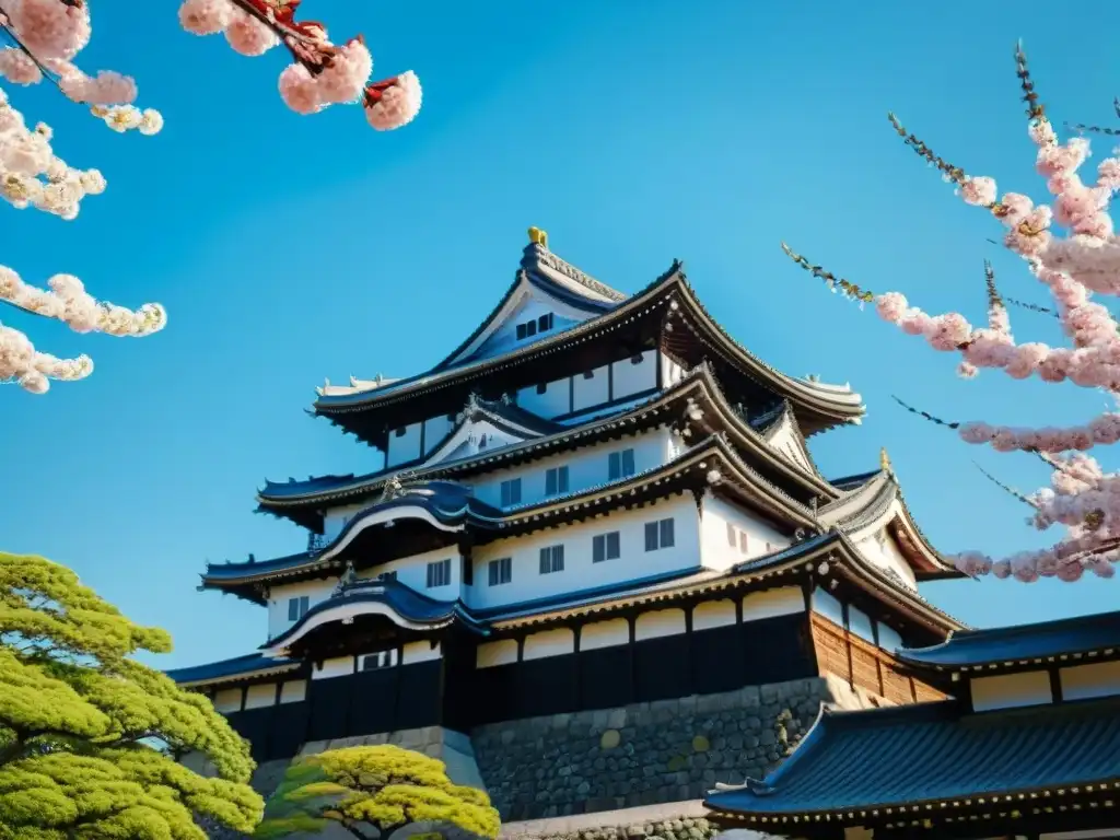Himeji Castle: Majestuosidad entre cerezos en flor Castillo Himeji en primavera, rodeado de cerezos en flor y visitantes en trajes tradicionales