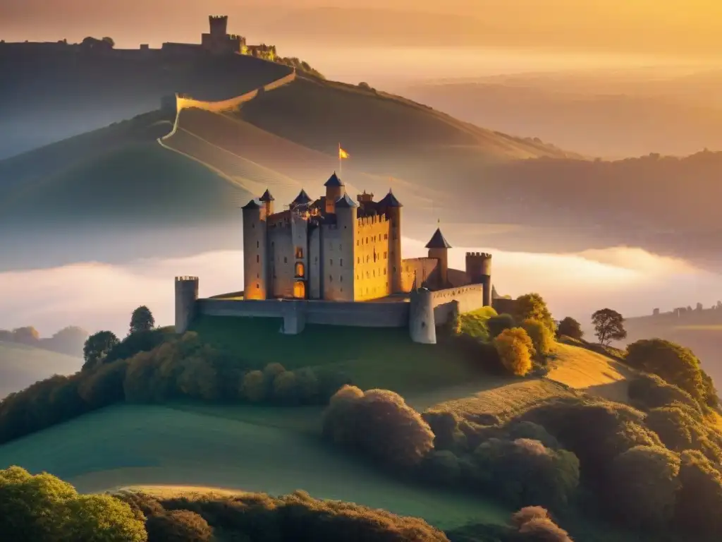 Castillo histórico: fusión de tradición y energía solar al atardecer Castillo histórico al atardecer con energía solar integrada, combinando tradición e innovación