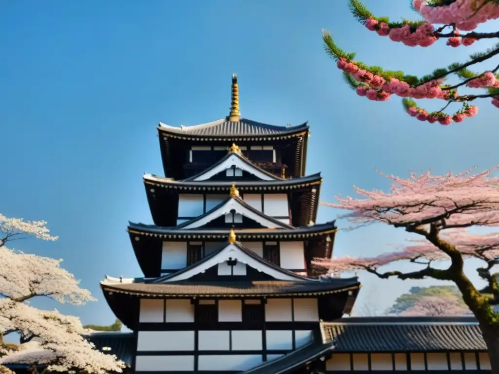 Castillo Matsumoto en floración: belleza japonesa en alta resolución Castillo histórico en Japón con cerezos en flor y visitantes vestidos de samurái