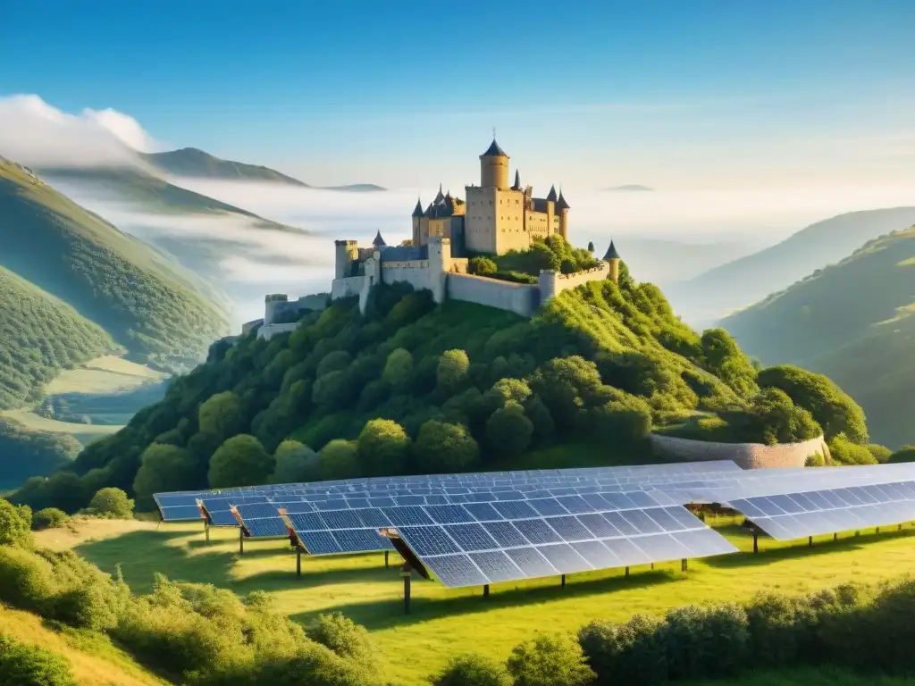 Castillo antiguo con paneles solares: fusión histórica y sostenible Castillo histórico con energía solar, fusión de pasado y futuro en conservación