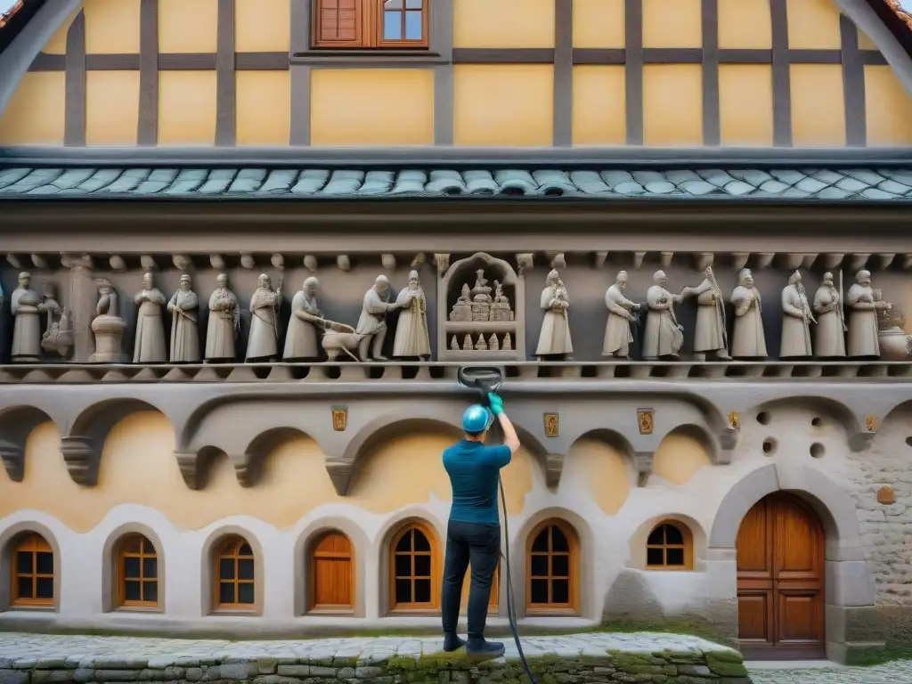Restauración en castillo histórico: expertos limpiando detalladas esculturas de piedra en Český Krumlov