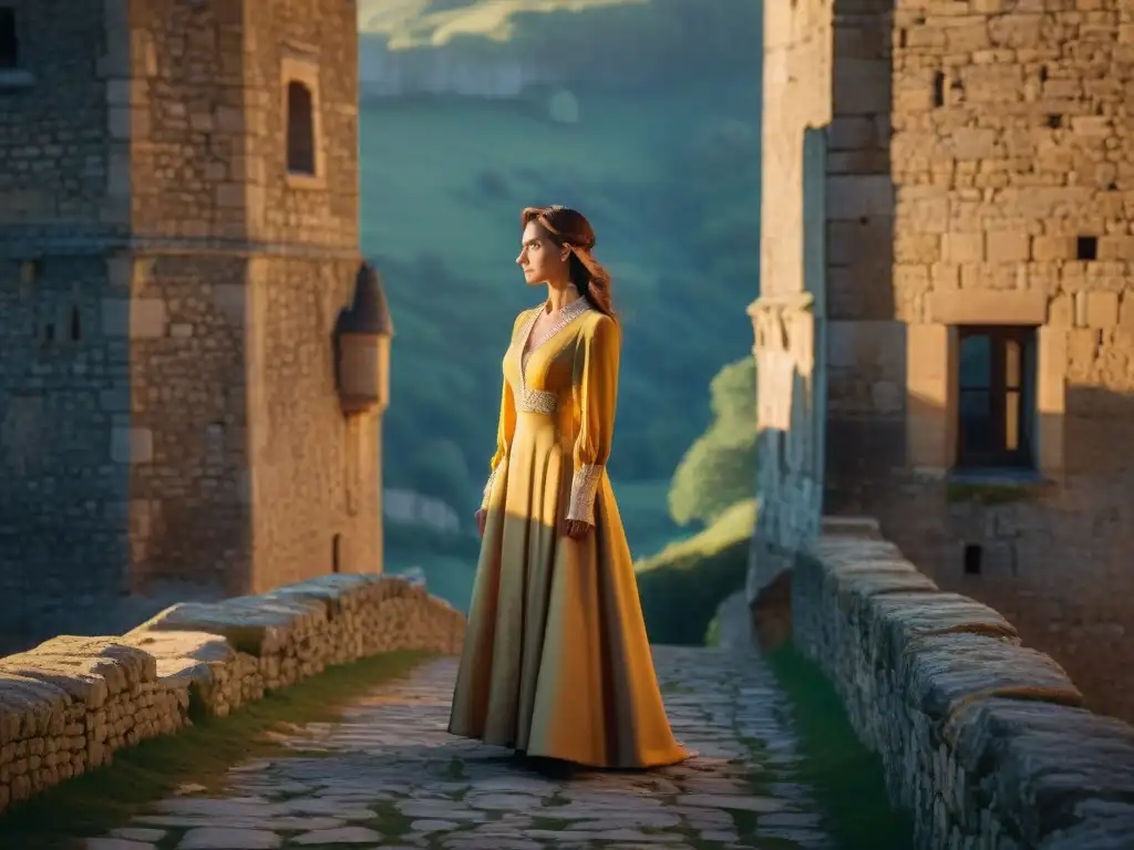 Un castillo histórico iluminado por el atardecer, mostrando un juego de luces y sombras