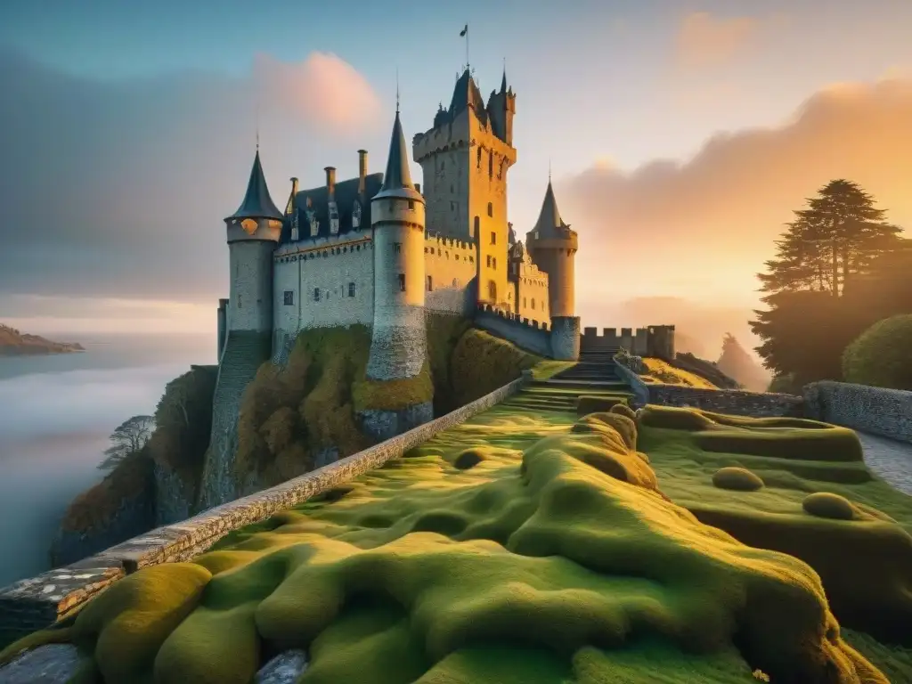 Castillo histórico iluminado por la puesta de sol, con paredes de piedra cubiertas de musgo