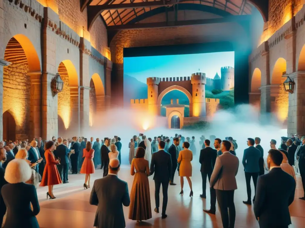 Castillo histórico con tecnología moderna en evento corporativo Un castillo histórico majestuoso se fusiona con tecnología en un evento corporativo sofisticado