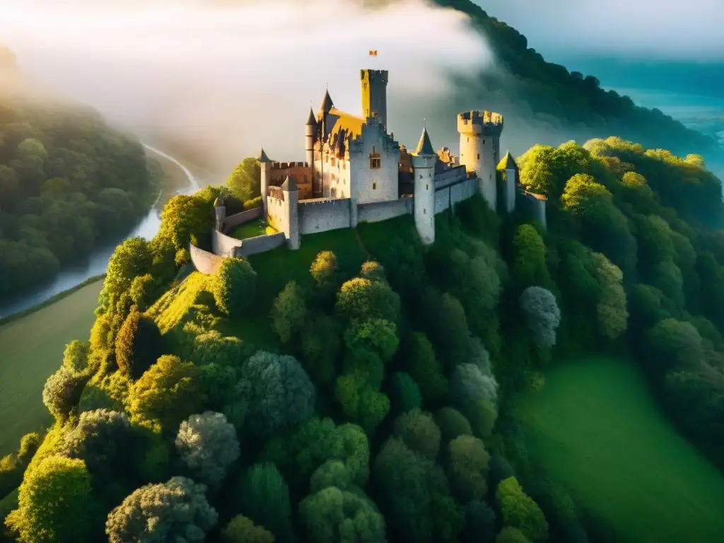 Castillo medieval en acantilado: vista aérea impresionante Un castillo histórico en la narrativa, majestuoso en un acantilado, rodeado de bosques verdes y un río serpenteante