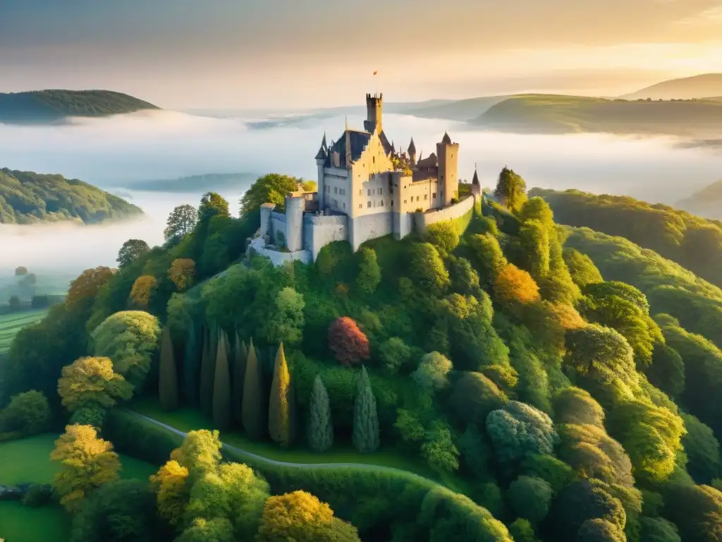 Castillo histórico entre bosques: armonía y esplendor al atardecer Un castillo histórico se integra armoniosamente con la naturaleza, mostrando sostenibilidad en castillos históricos