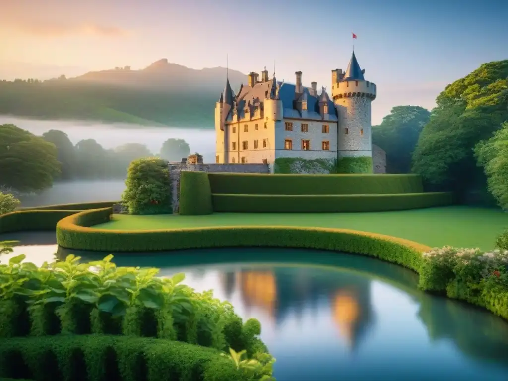 Castillo histórico restaurado con paneles solares al atardecer Un castillo histórico restaurado rodeado de jardines verdes y paneles solares, fusionando sostenibilidad en castillos históricos