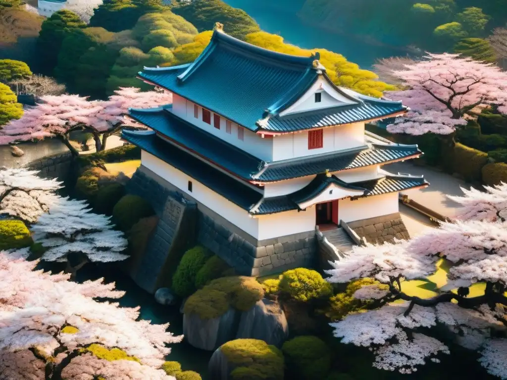 Castillo de Himeji en floración de sakura: vista aérea impresionante Castillo histórico en Japón rodeado de árboles de sakura en flor, con visitantes vestidos tradicionalmente