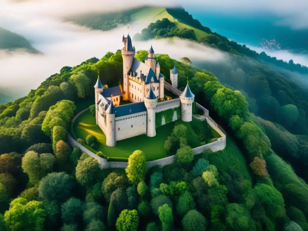 Castillo histórico con paneles solares integrados en un entorno verde Un castillo histórico rodeado de exuberante vegetación, con paneles solares integrados sutilmente en sus muros