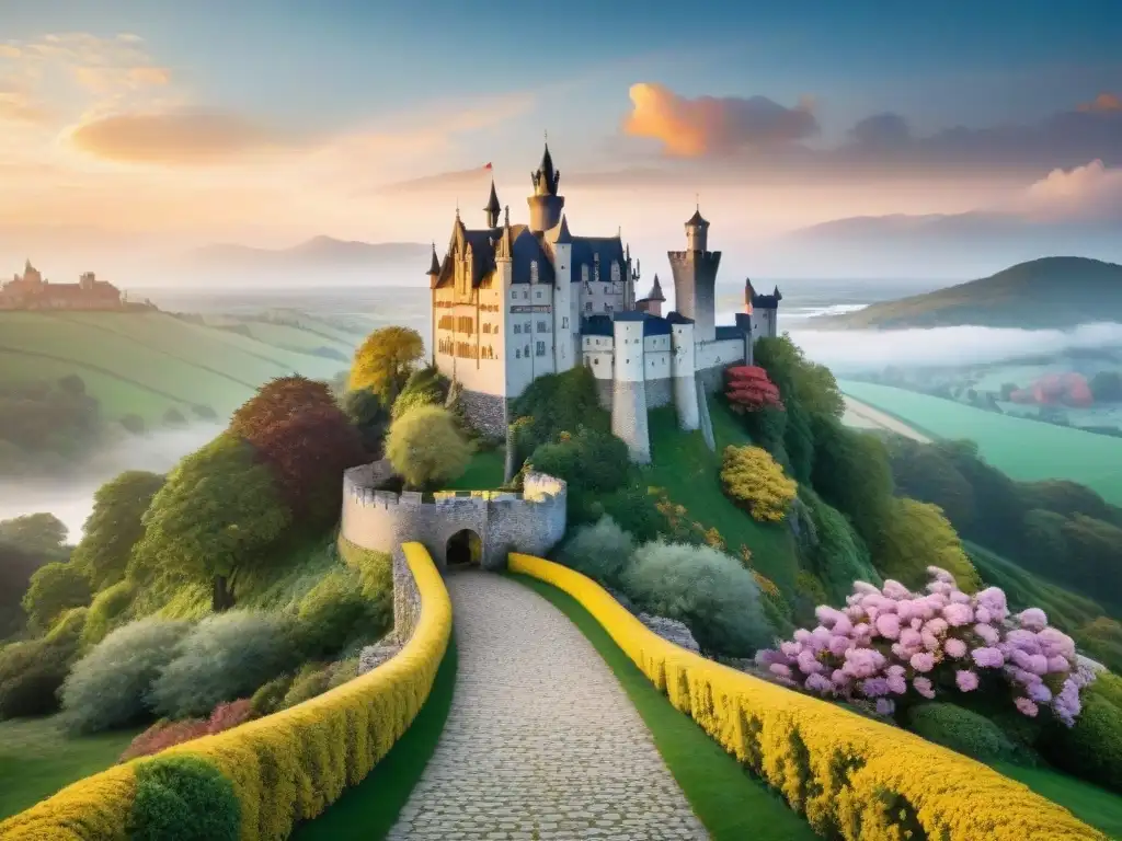 Castillo histórico al atardecer: majestuosidad y magia Castillo iluminado al atardecer, con muros de piedra y torres imponentes, ideal para eventos corporativos