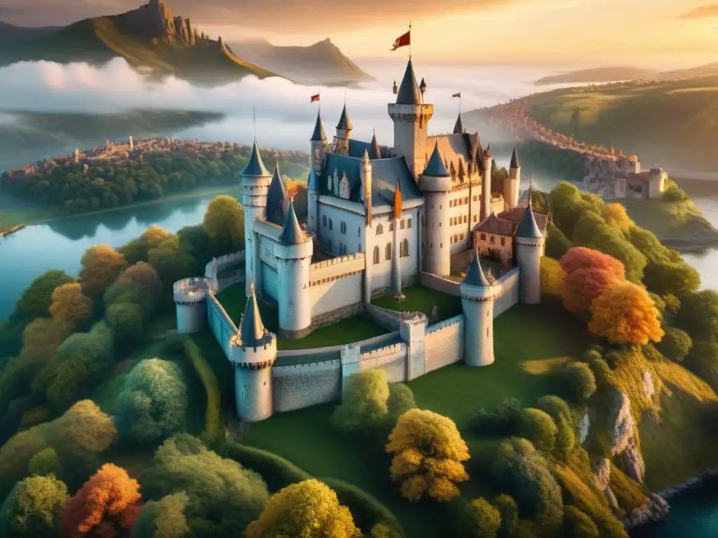 Un castillo influenciado por criaturas míticas, donde artesanos crean detalles dragónicos en un atardecer vibrante