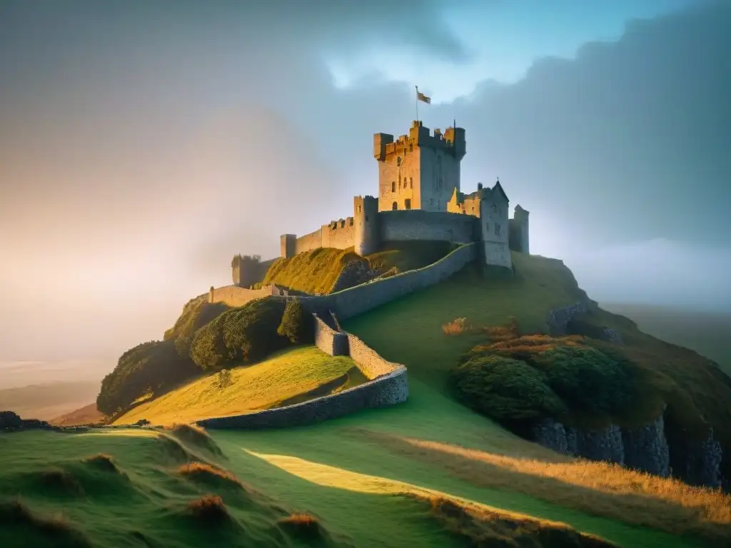 Castillo irlandés antiguo envuelto en niebla al atardecer Un castillo irlandés antiguo envuelto en niebla al anochecer, con sombras fantasmales creando un ambiente misterioso