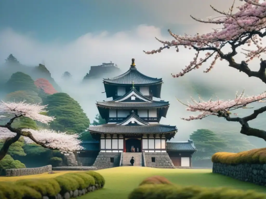Castillo japonés antiguo rodeado de niebla y sakuras en flor Un castillo japonés antiguo envuelto en niebla, rodeado de cerezos en flor y con un samurái en guardia