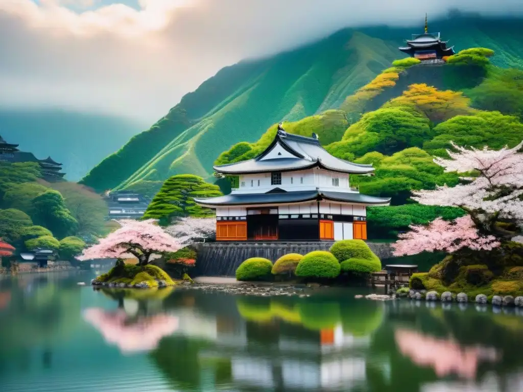 Castillo japonés ancestral rodeado de cerezos en flor Castillo japonés antiguo rodeado de naturaleza exuberante y flores de cerezo, en un ambiente misterioso y lleno de historia