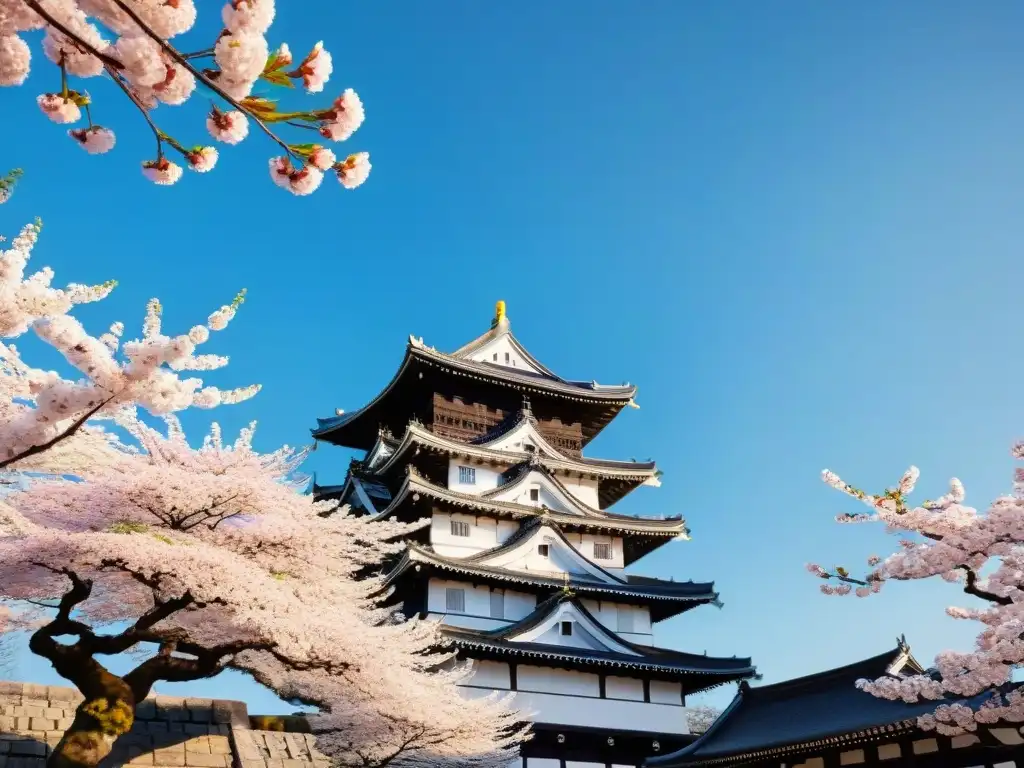 Himeji Castle: Arquitectura de madera y sakuras en flor Castillo japonés de Himeji con árboles de sakura en flor bajo cielo azul, fusionando historia, arquitectura y naturaleza