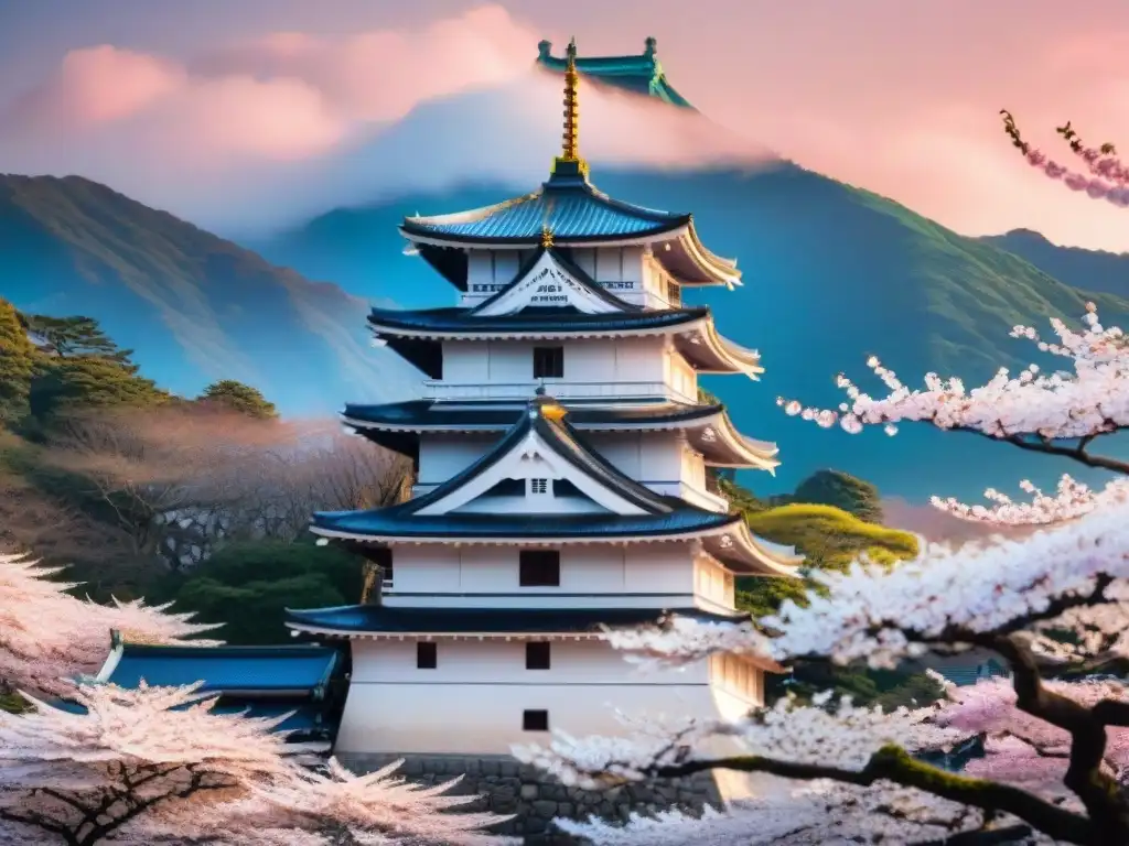 Castillo de Himeji: Majestuosidad entre sakuras Castillo japonés en cine/anime: majestuoso Himeji durante la floración de sakura, fusionando arquitectura y naturaleza