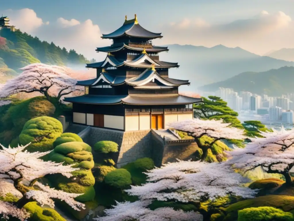 Castillo japonés y cerezos en flor: belleza y grandeza histórica Castillo japonés rodeado de cerezos en flor, reflejando la grandeza cultural de los castillos japoneses en cine/anime