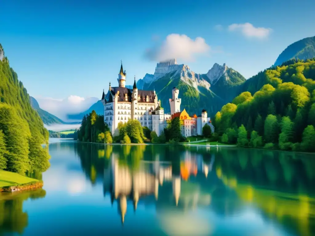 Castillo de Neuschwanstein: majestuosidad y encanto en alta resolución Castillo mágico Neuschwanstein y lago Alpsee, paisaje energético para retiro espiritual