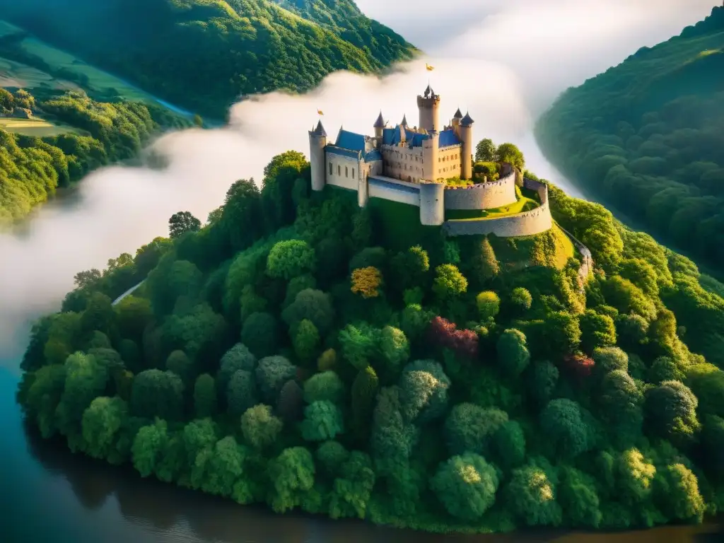 Castillo medieval en acantilado: vista aérea impresionante Castillo majestuoso en acantilado con vistas panorámicas y entorno natural exuberante