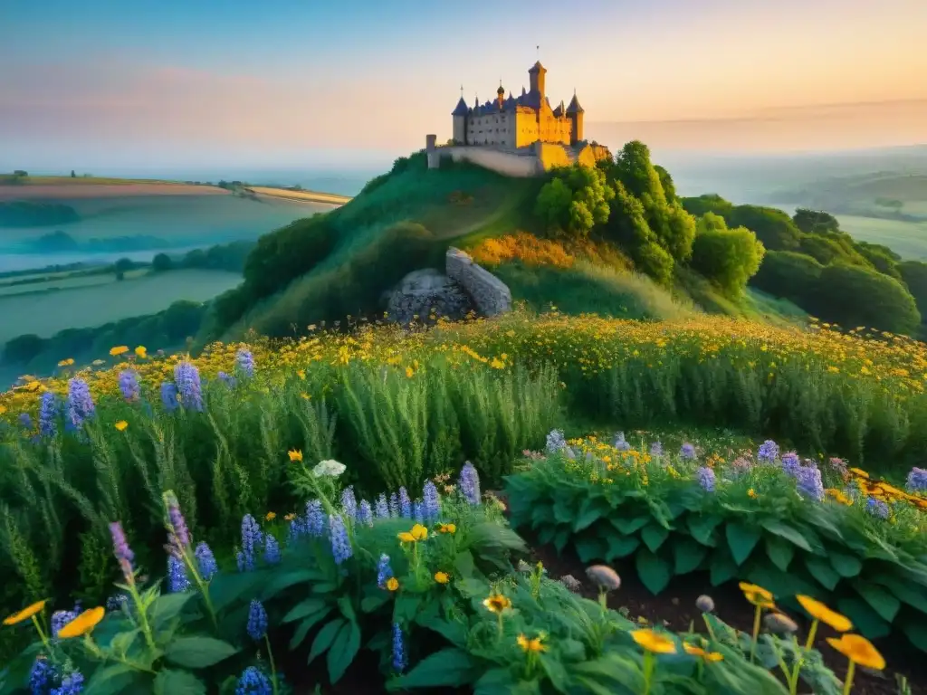 Castillo majestuoso en campo de flores silvestres al atardecer Un castillo majestuoso se alza sobre un campo de flores silvestres, bañado por la cálida luz del atardecer
