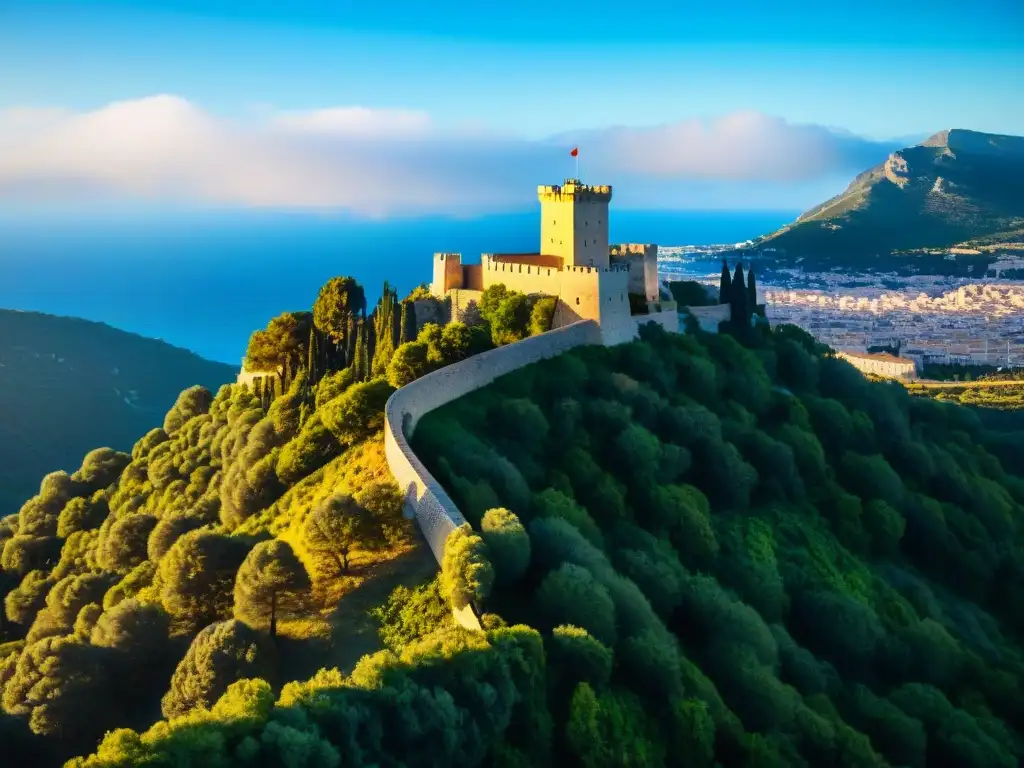 Castillo de Bellver: majestuosidad gótica en Mallorca Castillo de Bellver en Mallorca: majestuoso castillo gótico rodeado de naturaleza exuberante bajo un cielo azul claro, iluminado por el sol