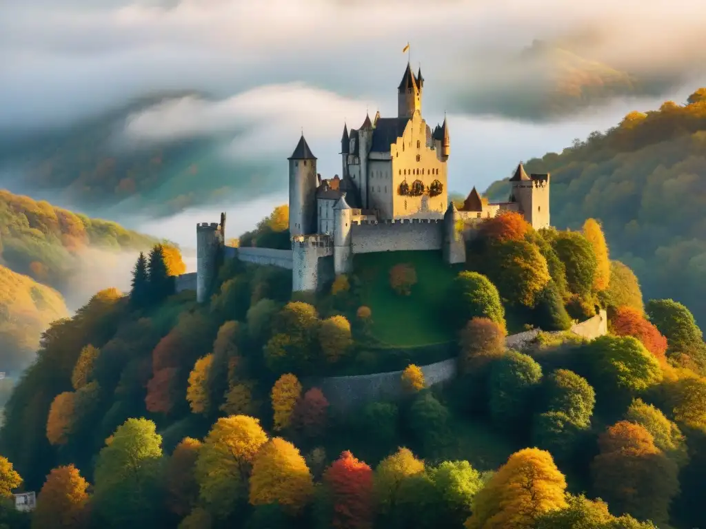 Castillo medieval en colina verde con bosque otoñal Un castillo majestuoso en una colina verde rodeado de un bosque otoñal vibrante, iluminado por la cálida luz dorada del atardecer