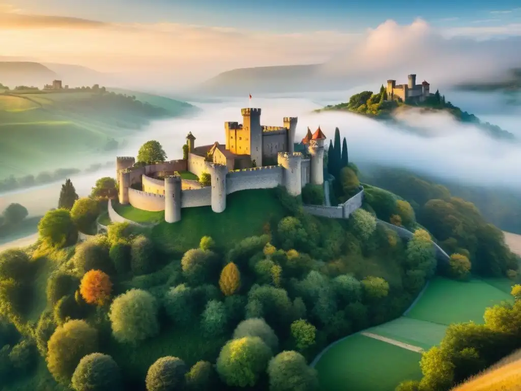Castillo ancestral: retiro corporativo en un entorno de ensueño Un castillo majestuoso entre colinas verdes, sol dorado ilumina torres