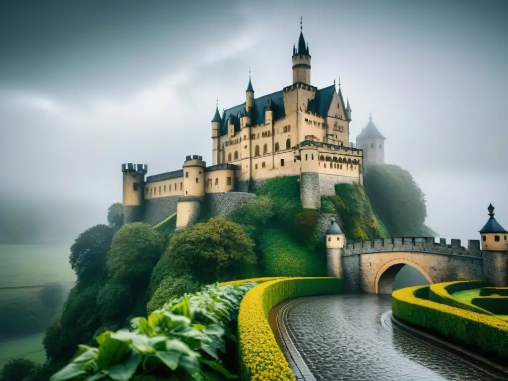 Castillo majestuoso entre niebla y lluvia Un castillo majestuoso envuelto en niebla y lluvia, reflejando su grandeza histórica en la atmósfera húmeda