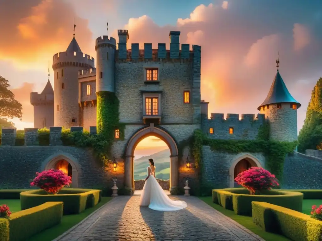 Castillo mágico en atardecer vibrante Un castillo majestuoso iluminado al atardecer, rodeado de vegetación con sendero de antorchas y banderas, ideal para eventos corporativos